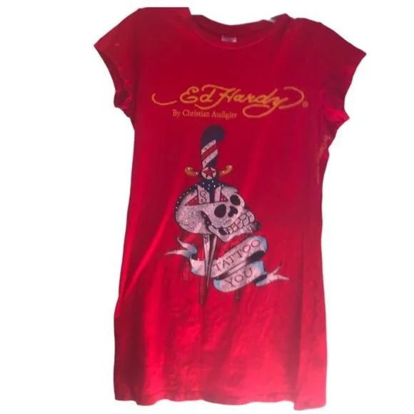 Ed Hardy Vintage Y2K Scull Tattoo Graphic Top T Shirt Fitted Logo Cotton Red L - Picture 1 of 16